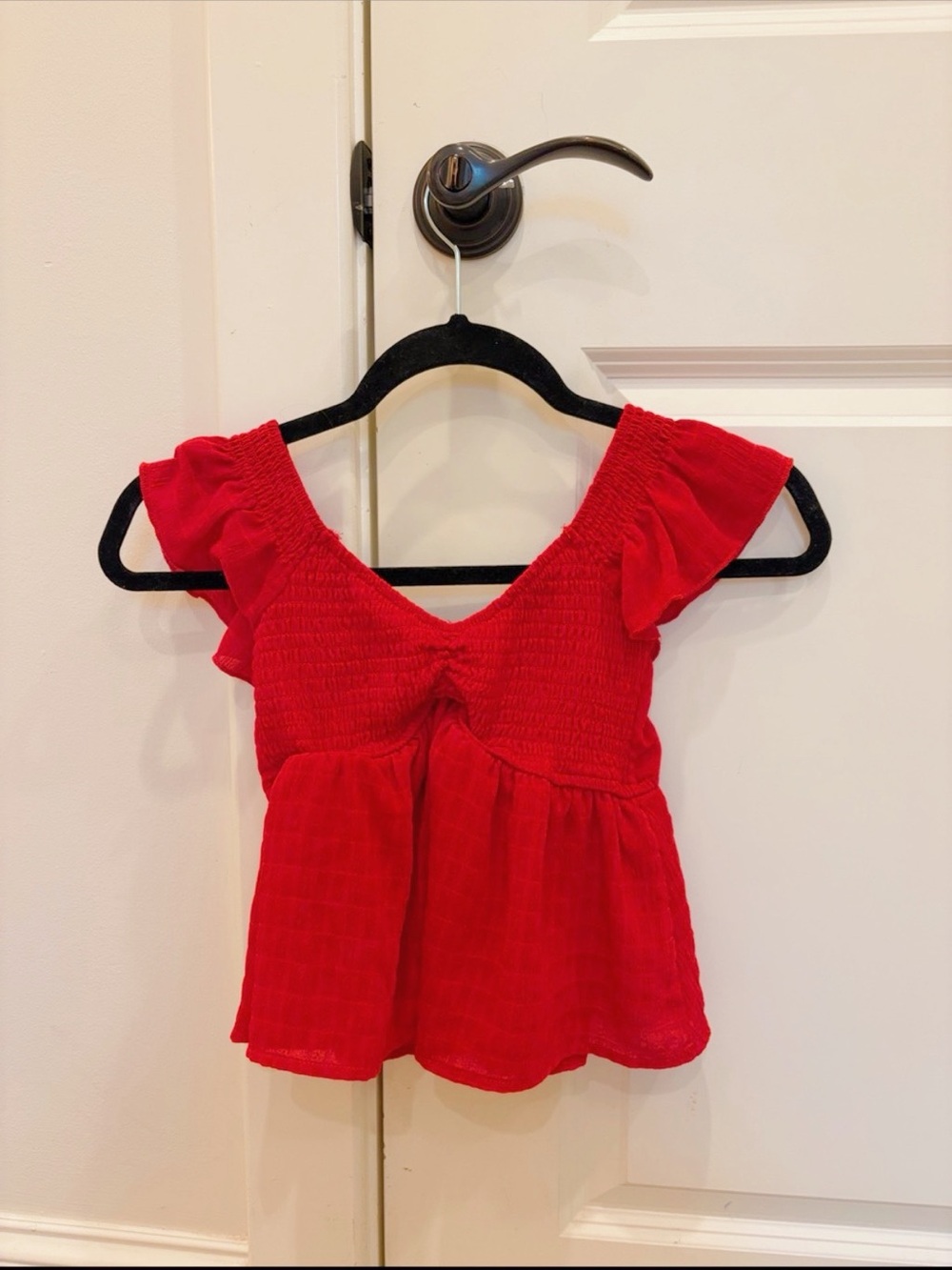 Francesca's Collections Red Ruffle Sleeve Peplum Top